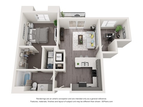 Floor plan for 1 bed, 1 bath, 821 sqft